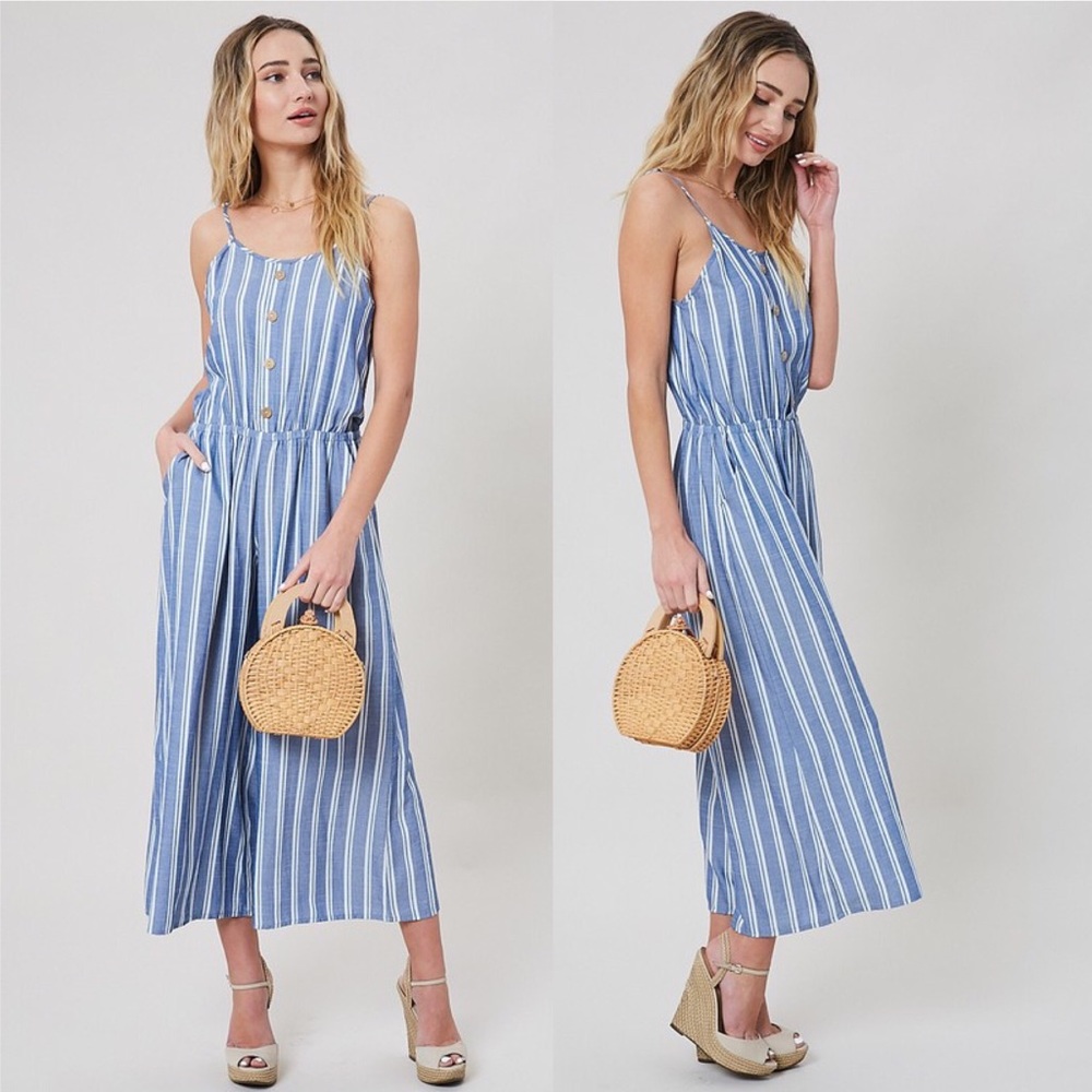 Blue Stripe Pattern Printed Jumpsuit Romper - Picture 2 of 3